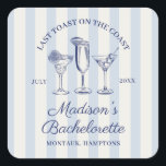 Last Toast On The Coast Dusty Blue Striped Square Sticker<br><div class="desc">Get ready to celebrate the bride-to-be with an unforgettable weekend by the sea! Introducing our "Last Toast On The Coast" bachelorette weekend design, created to make every moment of your celebration as special as the bride herself. This elegant collection features a vintage inspired navy blue hand drawn illustration of three...</div>