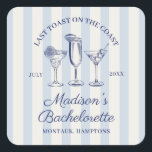 Last Toast On The Coast Dusty Blue Striped Square Sticker<br><div class="desc">Get ready to celebrate the bride-to-be with an unforgettable weekend by the sea! Introducing our "Last Toast On The Coast" bachelorette weekend design, created to make every moment of your celebration as special as the bride herself. This elegant collection features a vintage inspired navy blue hand drawn illustration of three...</div>
