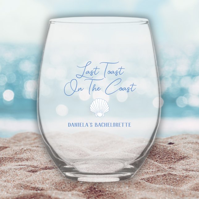 Last Toast On The Coast Personalised Bachelorette Stemless Wine Glass (last toast on the coast beach bachelorette wine glass shell ocean)