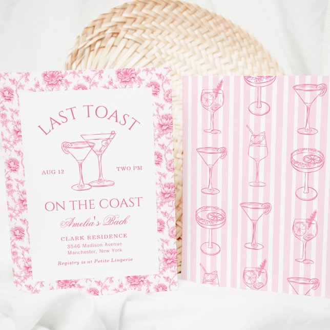 Last Toast On The Coast Pink Floral Bachelorette Invitation (Creator Uploaded)