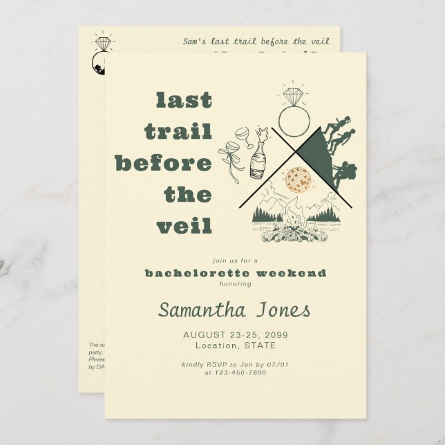 Last Trail Before Veil Green Glamping Bachelorette Invitation (Front/Back)