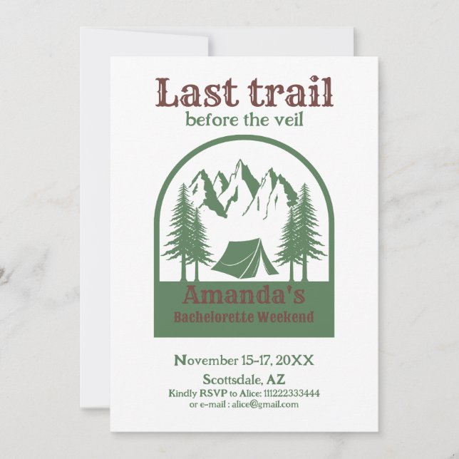 Last Trail Camp Bachelorette Itinerary Weekend Invitation (Front)