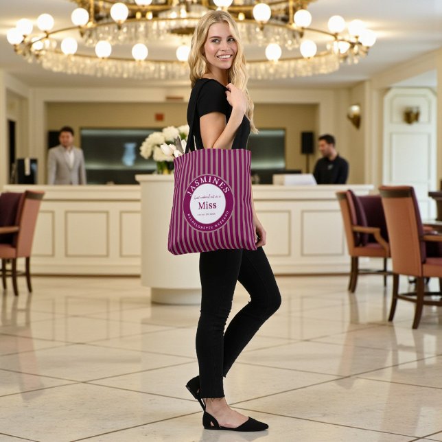 Last Weekend Out Miss Burgundy Taupe Stripes  Tote Bag (Creator Uploaded)