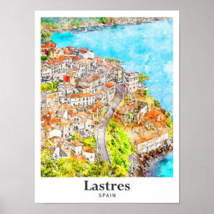 Lastres Spain Travel Watercolor Hand Drawn Poster