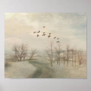 Late Autumn with Flying Geese Pencil Sketch Poster