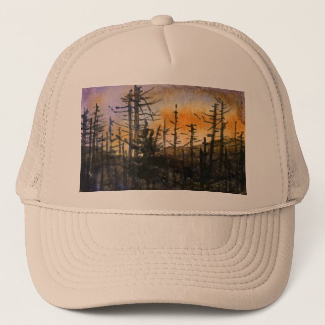 Late fall barren trees on a hill at sunset trucker hat (Front)
