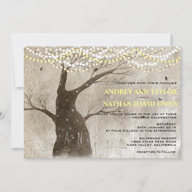 Late Fall or Winter Rustic Tree Lights Wedding Invitation (Front)