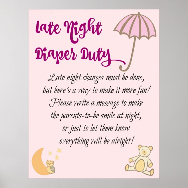 Late Night Diaper Duty Sign Baby Shower Game (Front)