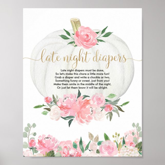 Late night diapers baby shower game fall pumpkin poster (Front)
