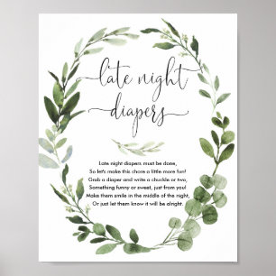 Late night diapers baby shower game greenery poster