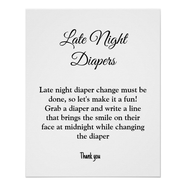 late night diapers baby shower game poster (Front)