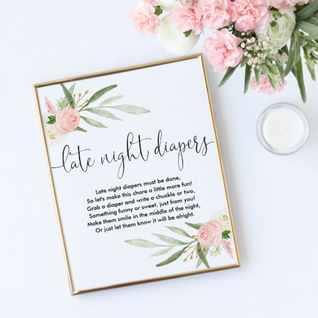 Late night diapers baby shower game sign pink gold (Creator Uploaded)