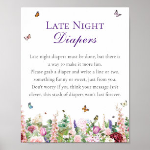 Late Night Diapers Baby Shower   Pink Flowers Poster