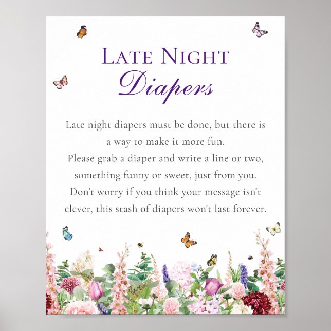 Late Night Diapers Baby Shower | Pink Flowers Poster (Front)