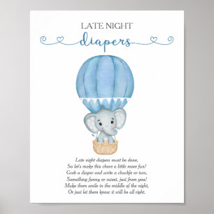 Late Night Diapers Blue Elephant Baby Shower Game Poster