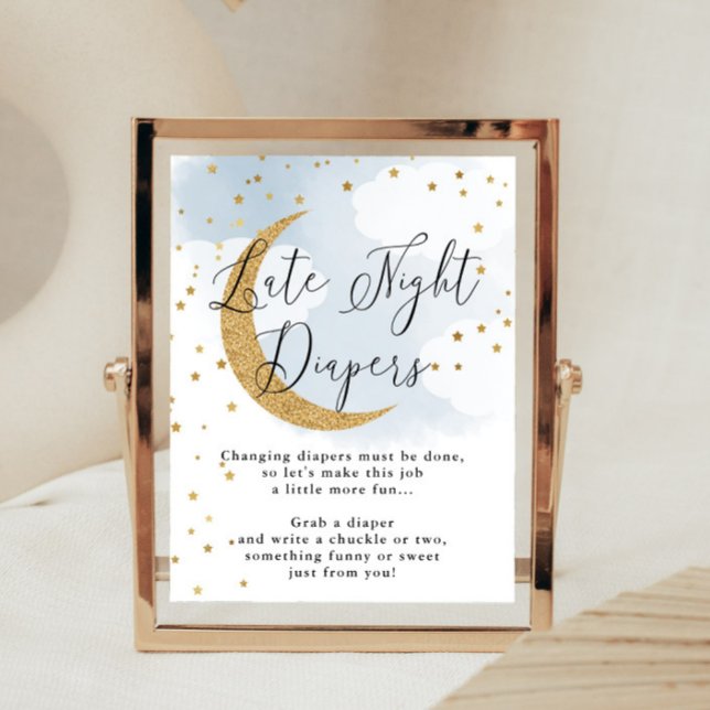 Late Night Diapers Blue Gold Moon Baby Shower Game Poster (Creator Uploaded)
