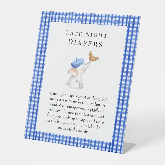 Late Night Diapers Bonjour French Gingham Blue Pedestal Sign (Front)