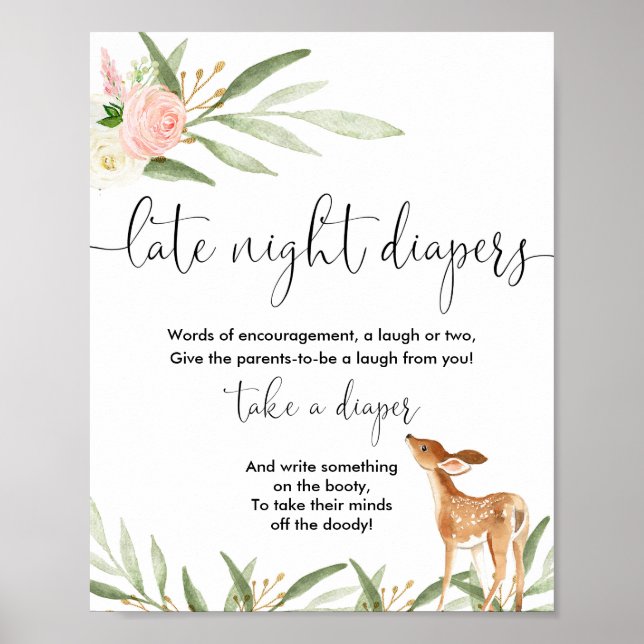 Late night diapers deer girl baby shower sign (Front)