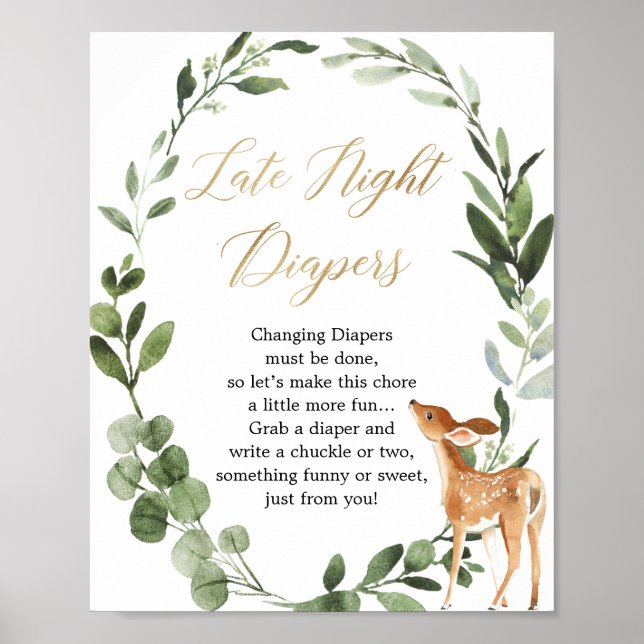 Late night diapers Deer greenery gold baby shower  Poster (Front)