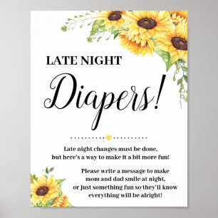 Late Night Diapers game sign Baby shower sunflower
