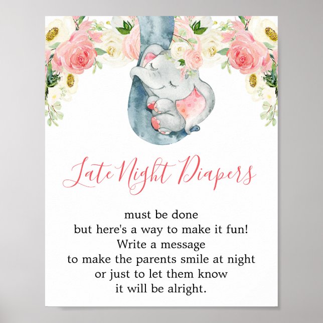 Late night diapers girl baby shower elephant sign (Front)