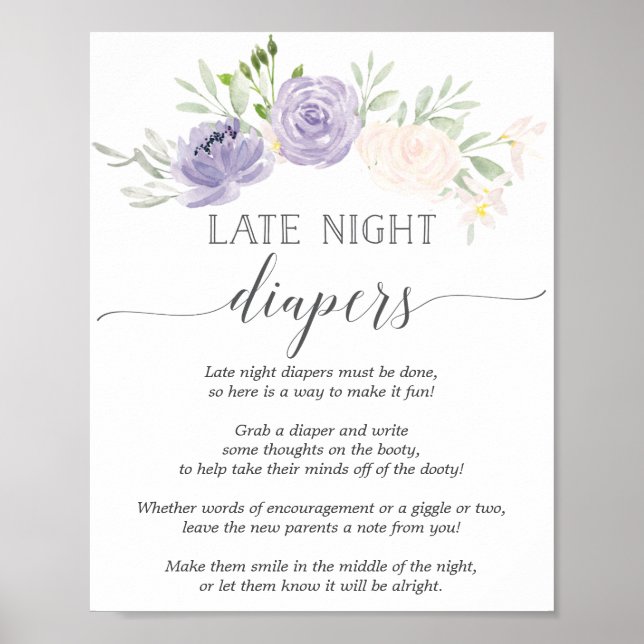 Late Night Diapers Pastel Purple Baby Shower Poster (Front)