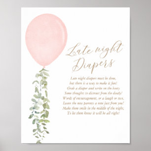 Late Night Diapers Pink Balloon Girl Baby Shower Poster