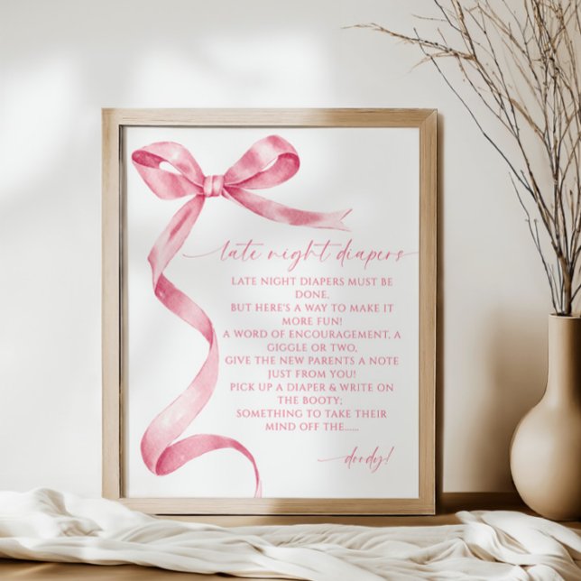Late Night Diapers Pink Bow Baby Shower Poster (Creator Uploaded)