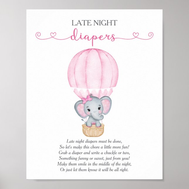 Late Night Diapers Pink Elephant Baby Shower Game Poster (Front)