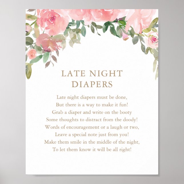 Late Night Diapers Pink Floral Baby Shower Poster (Front)