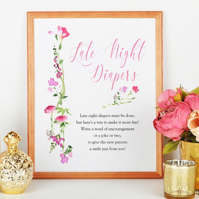 Late Night Diapers Pink Wildflower Baby Shower Poster (Baby Shower Game Sign from my Pink Wildflower Collection. Message me to create more items.)