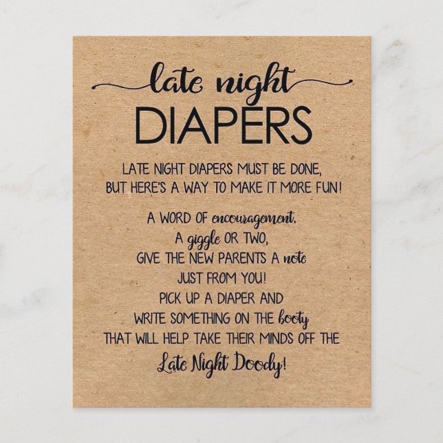 Late Night Diapers Printable, Rustic Baby Shower  (Front)