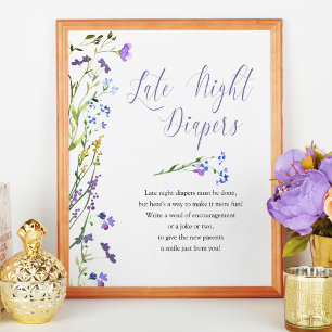 Late Night Diapers Purple Wildflower Baby Shower Poster