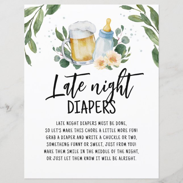 Late Night Diapers Sign Baby Is Brewing Greenery (Front)