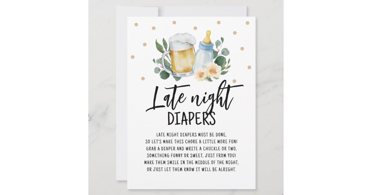 Late Night Diapers Sign Baby Is Brewing Greenery Invitation | Zazzle