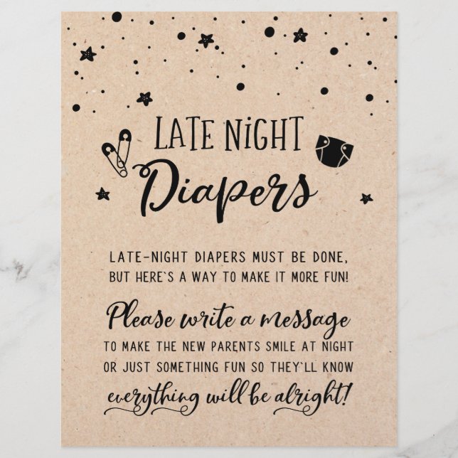 Late Night Diapers Sign Baby Shower Party Game (Front)