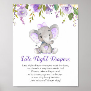 Late Night Diapers Sign Elephant Baby Shower Girl