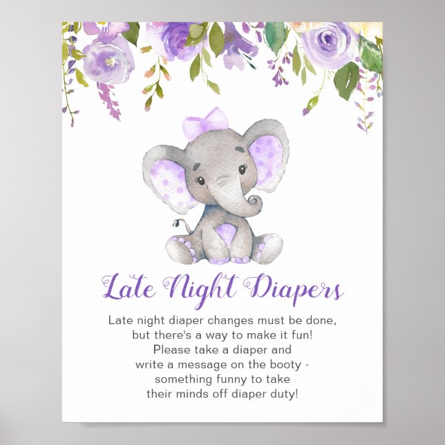 Late Night Diapers Sign Elephant Baby Shower Girl (Front)