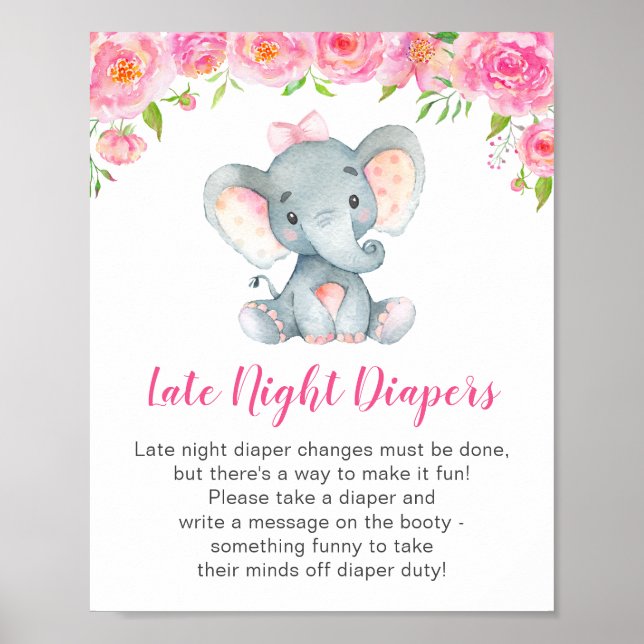 Late Night Diapers Sign Elephant Baby Shower Girl (Front)