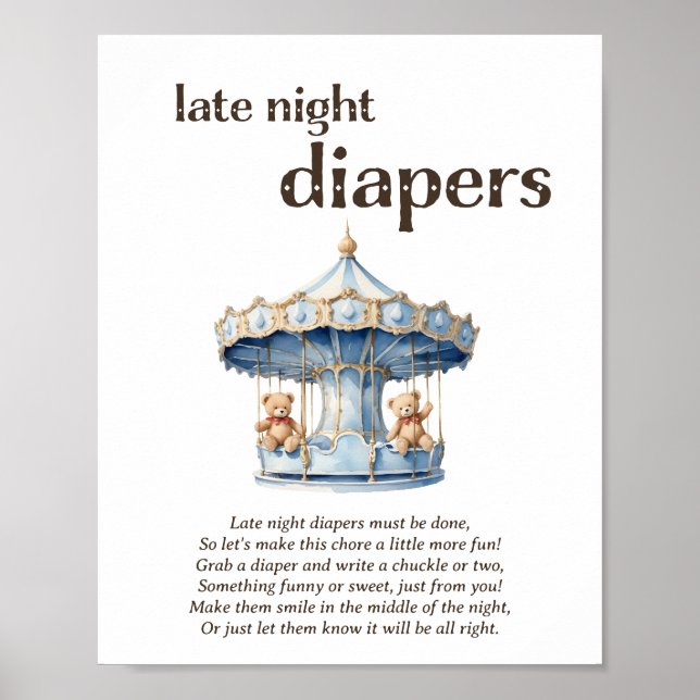 Late Night Diapers Twin Boy Baby Shower Game Poster (Front)