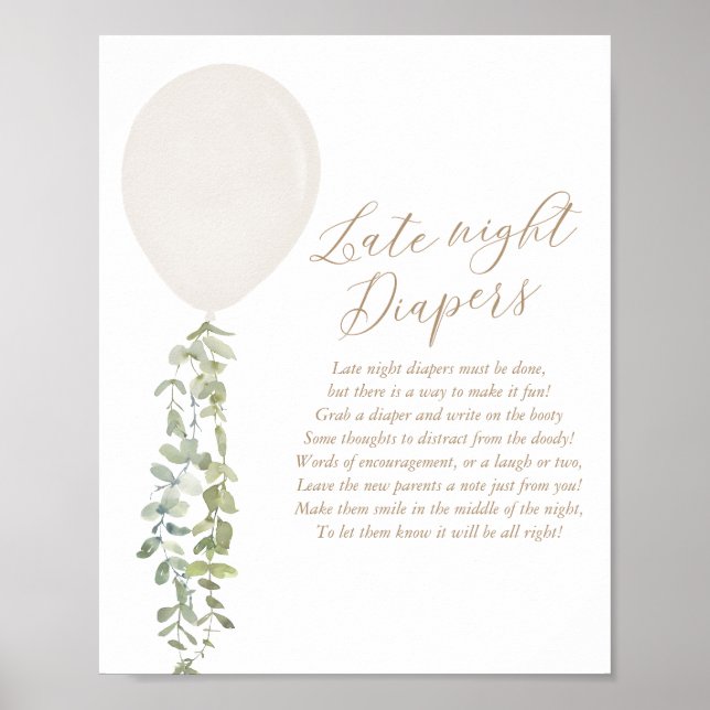 Late Night Diapers White Balloon Baby Shower Poster (Front)
