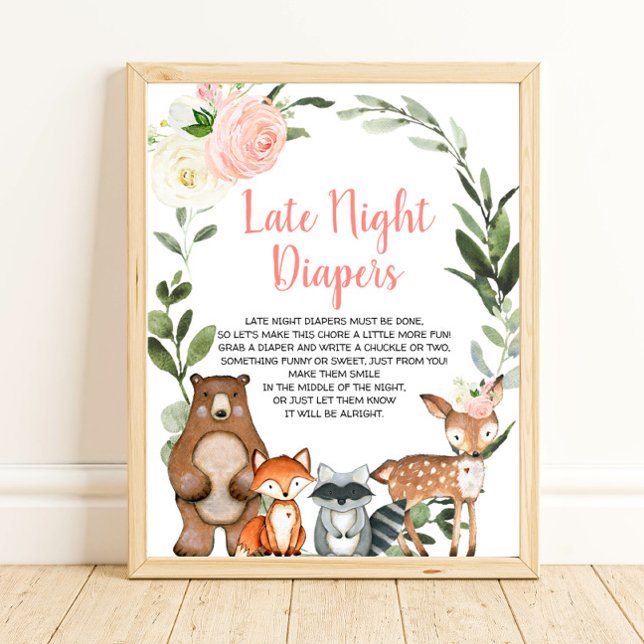 Late night diapers woodland floral baby shower poster (Creator Uploaded)