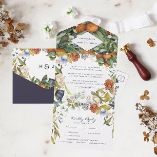 Late Summer Citrus Floral    Botanical Wedding All In One Invitation
