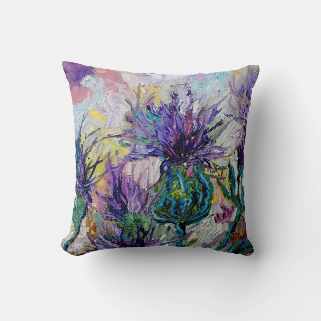 Late Summer Thistles Impressionist Oil Painting Cushion (Front)