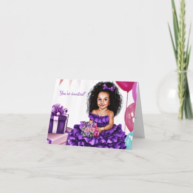 Latin Girl Curls Purple Dress Birthday Invitation (Front)