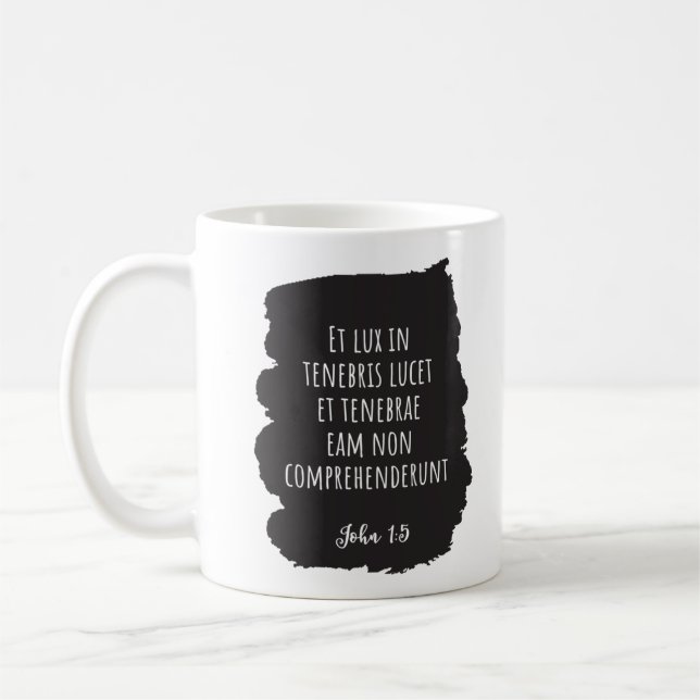 Latin Gospel Light Shone in the Darkness Catholic  Coffee Mug (Left)