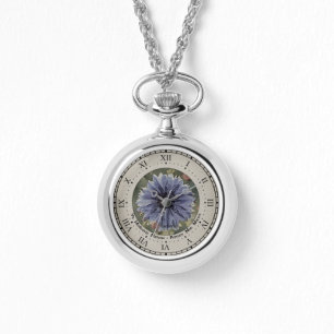 Latin Quote Wild Blue Cornflower Necklace Watch