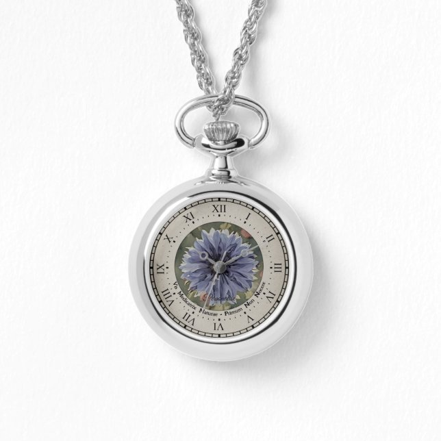 Latin Quote Wild Blue Cornflower Necklace Watch (Front)