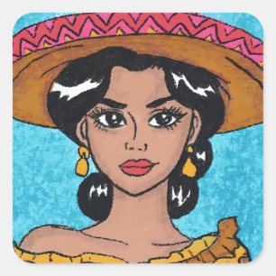 Latina Hand Drawn Woman with Sombrero Square Sticker