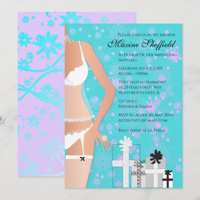 Latina Lingerie Bridal Shower Teal and Purple Invitation (Front/Back)